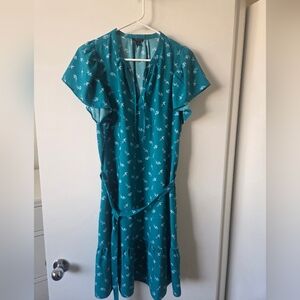 Ann Taylor Teal Floral Flowy Dress W/ Butterfly Sleeves And Tie Neck Detail (L)